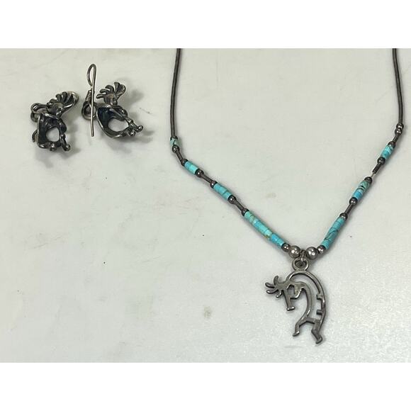 VTG Native American Turquoise & Sterling Silver Kokopelli Necklace Earring Set - Picture 4 of 15
